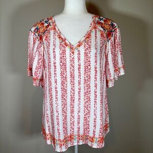 NWT Savanna Jane Orange & White Floral Short Sleeve Top with Embroidery Size Sm